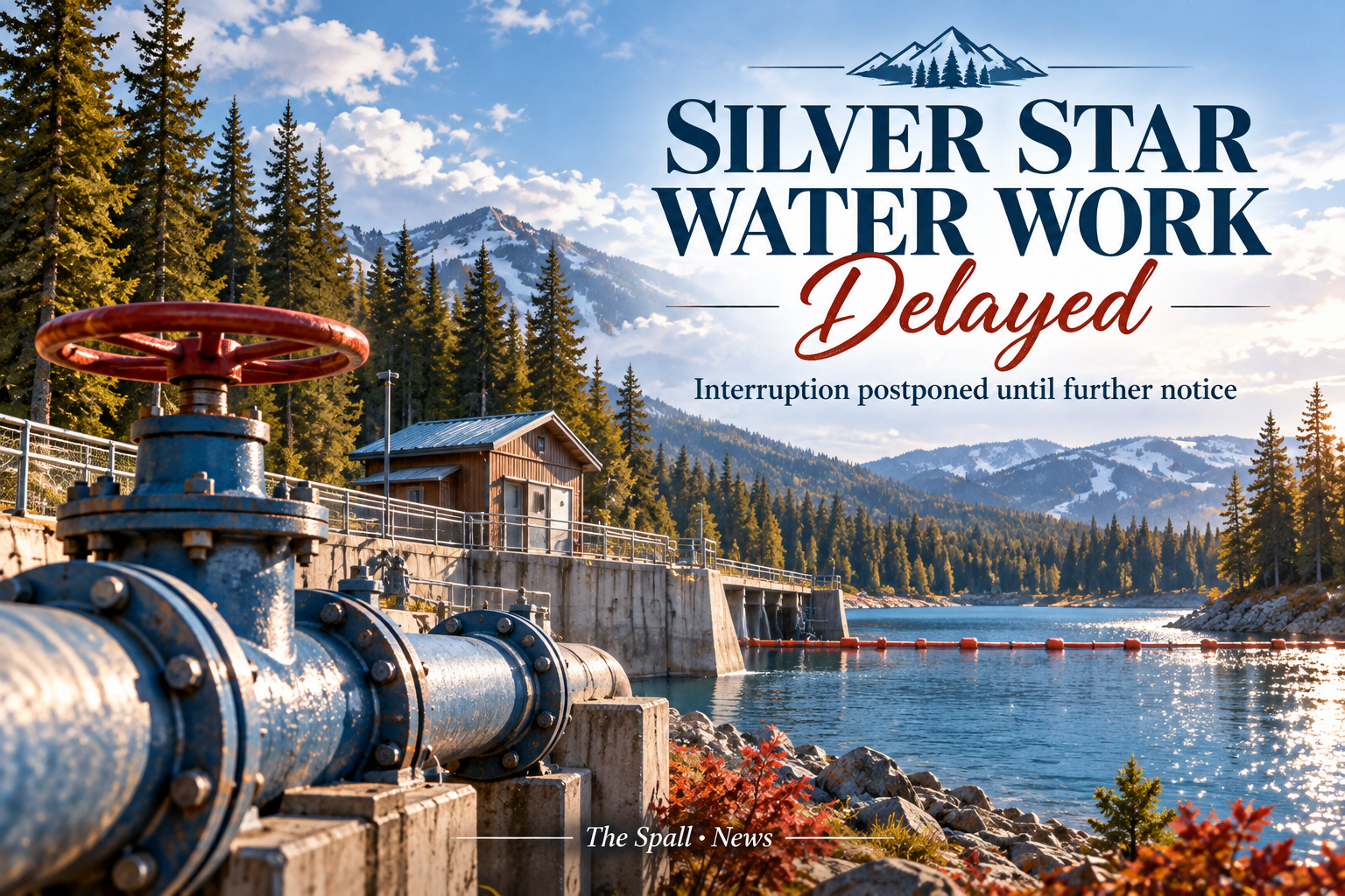 Editorial illustration of mountain water infrastructure with a valve, reservoir and Silver Star landscape.