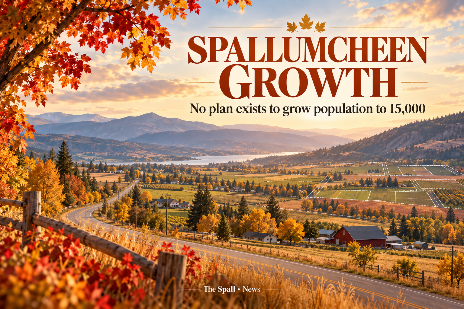 Editorial illustration of Spallumcheen farmland and mountains with subtle development parcel lines.