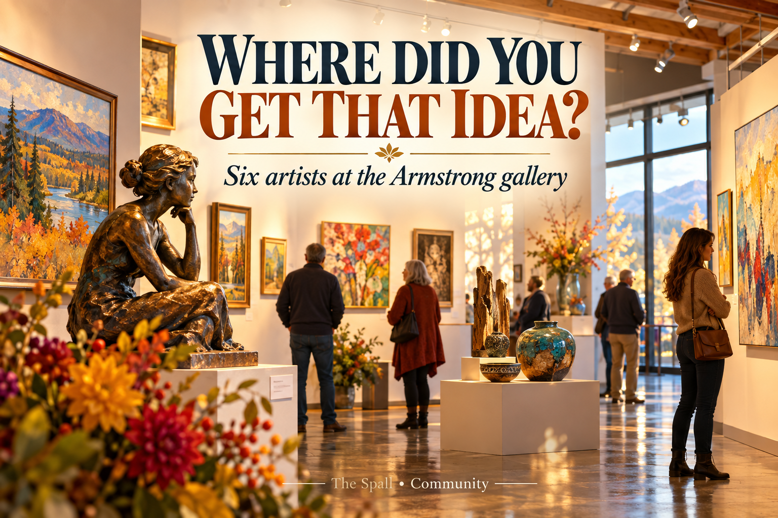 Editorial illustration of visitors viewing paintings and sculpture in a warmly lit gallery.